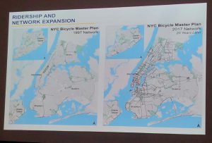 Two maps showing expansion of NYC bike network from 1997 to 2017