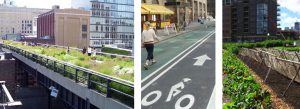 A group of photos: one of the highline, one of a woman walking in the street, one of an urban garden.