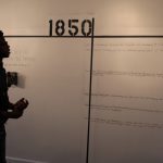 A visitor looks at the interactive timeline that begins at 1850