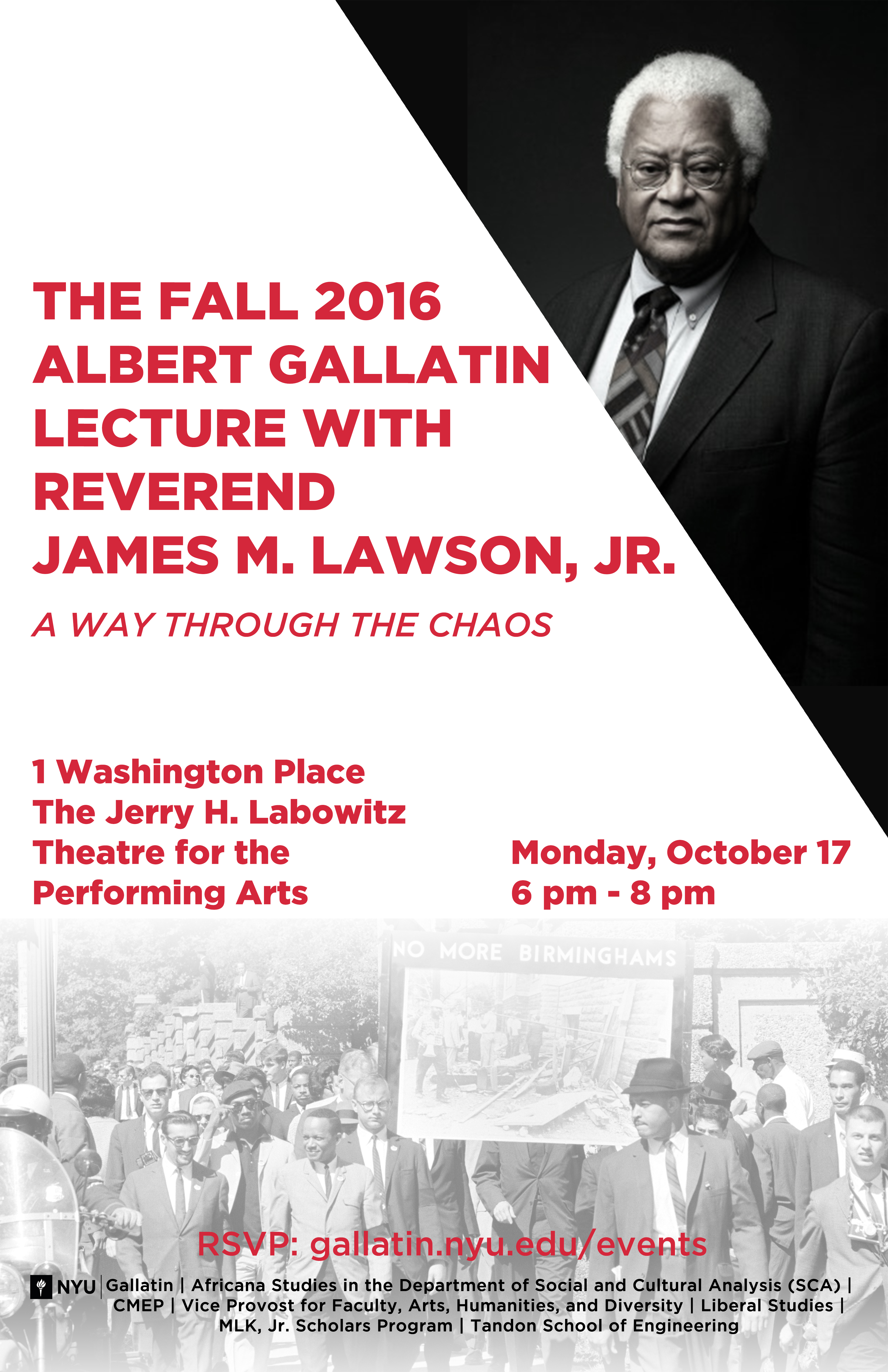 Event advertisement for the fall 2016 Albert Gallatin Lecture with Rev. James M. Lawson, Jr.