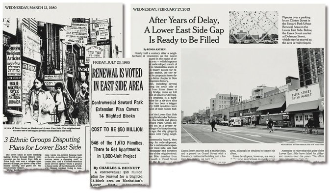 Newspaper article clippings spanning decades about plans for the Lower East Side