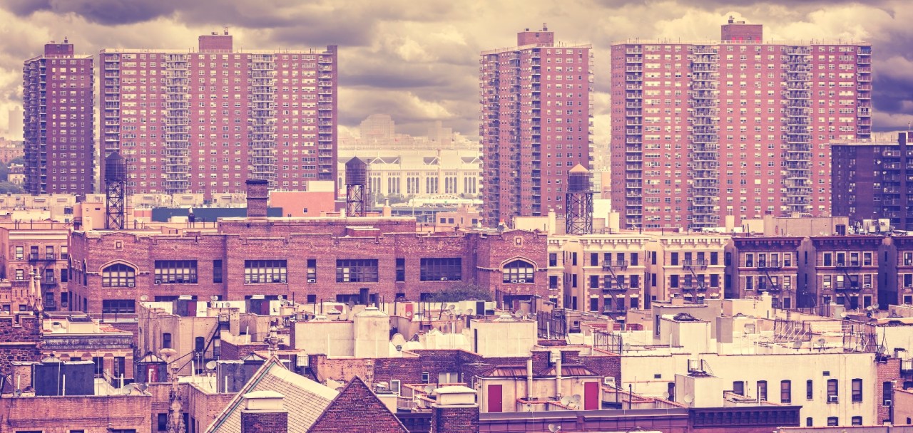 Panoramic view of red buildings in Harlem, New York