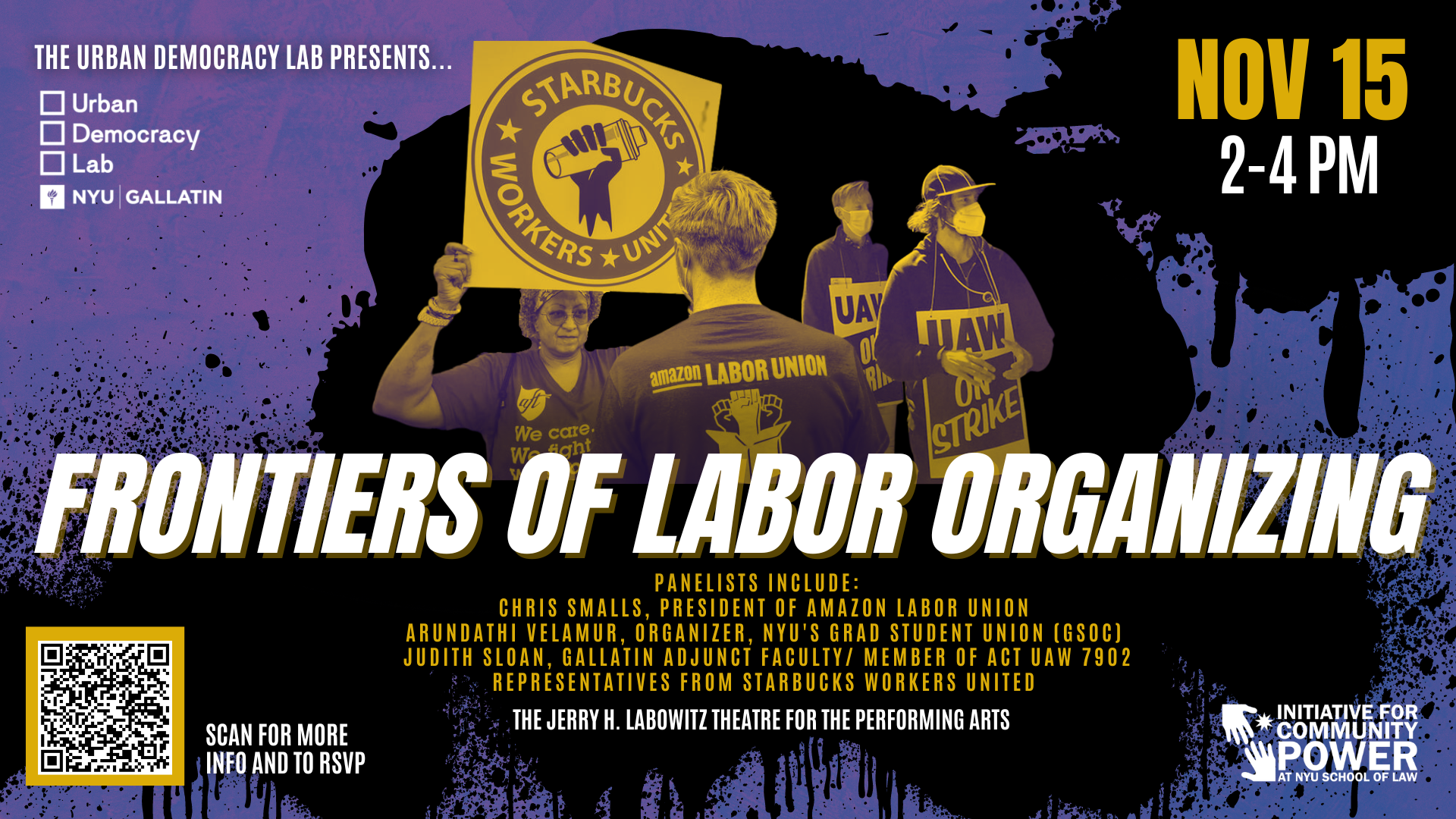 Collage of labor organizers in yellow over purple background with titles frontiers of labor organizing in middle